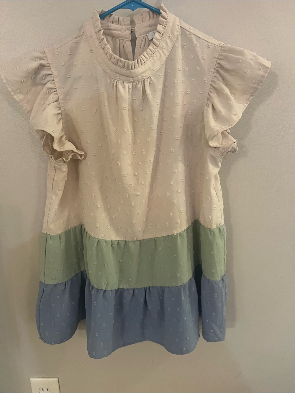 Tiered Swiss Dot Ruffle Sleeve Blouse - Cream, Sage & Blue